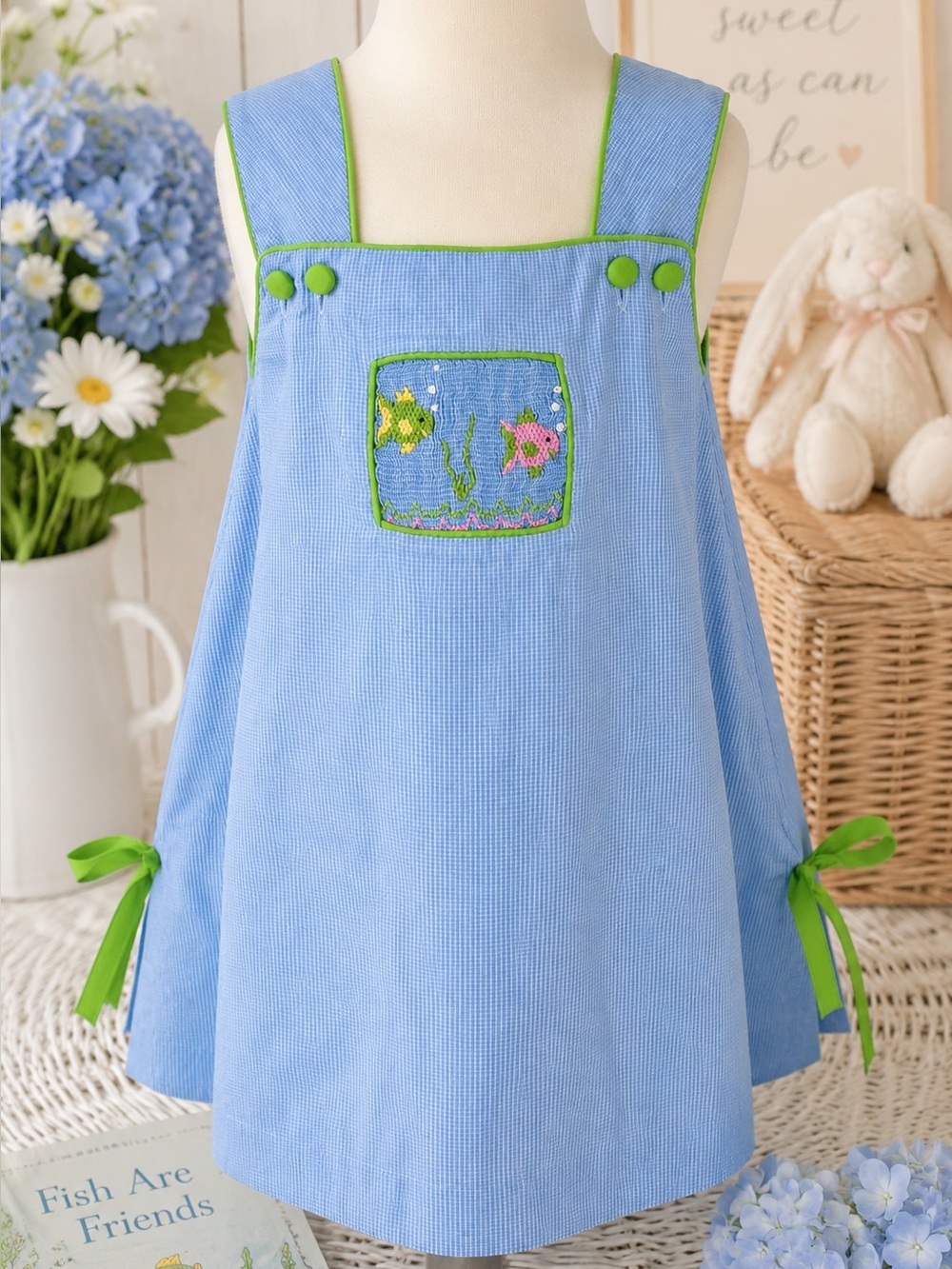 Secret Wishes Toddler Girls Blue Gingham Smocked Fish Dress 2T Summer Pinafore
